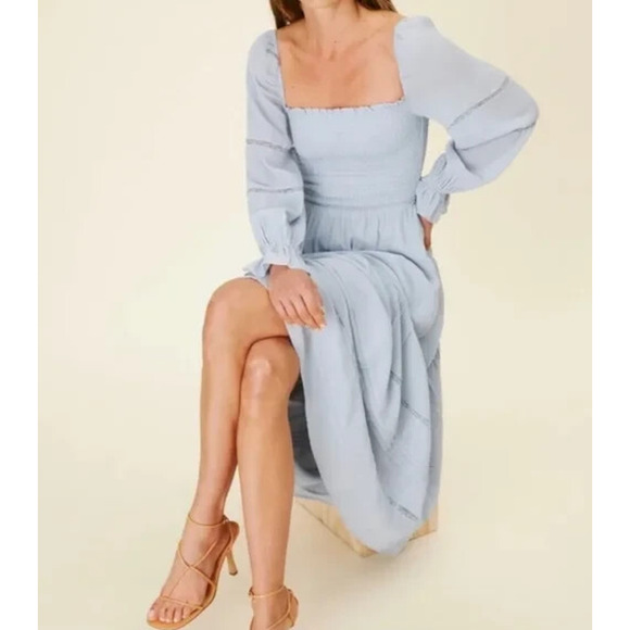 Reformation Jessy Dress Smocked Midi Dress Mineral Blue Boho Women's Size 6 - Picture 12 of 16